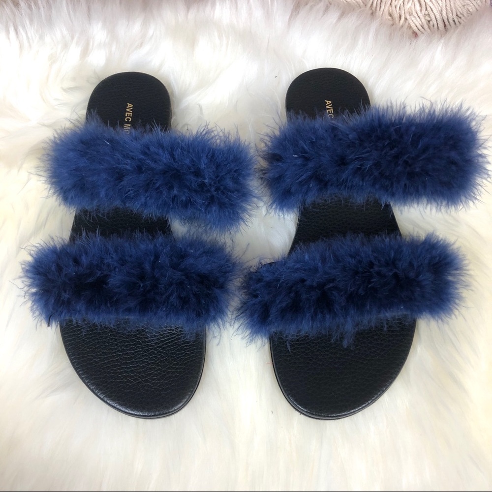 Avec Moderation | Ibiza Navy Blue Maribou Sandals